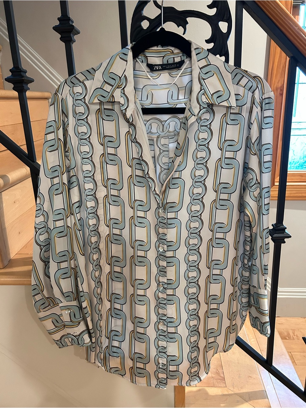 Zara Cream Button-Up Blouse with Light Blue & Gold Chain Print